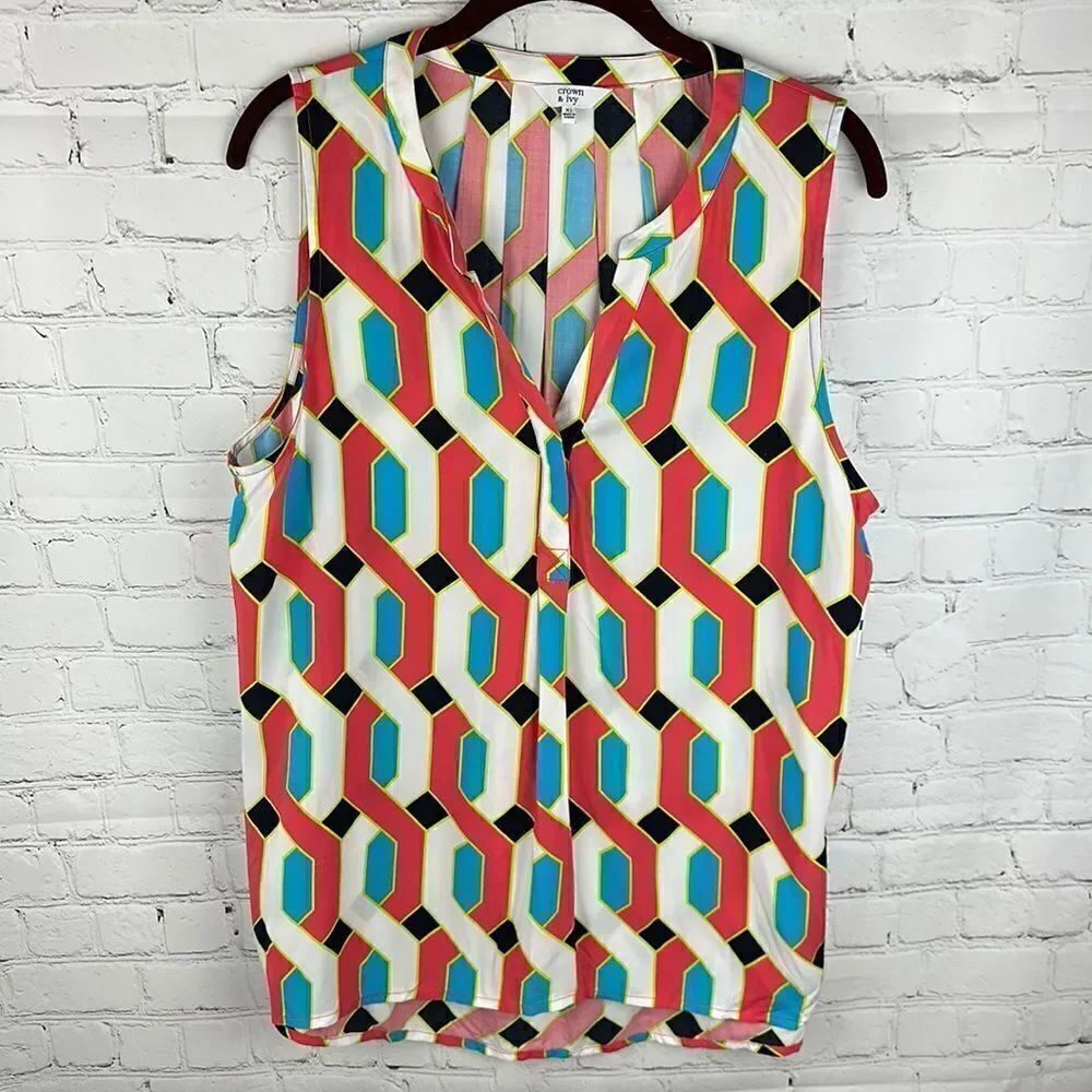 Crown & Ivy Women’s Sleeveless Multicolor V Neck Top Size XL NWT